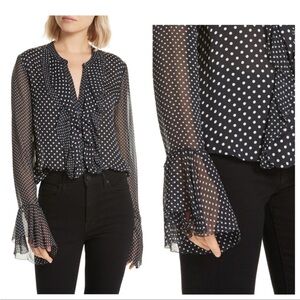 Joie Black White Polka Dot Ruffled “Darek” Blouse Romantic Sheer Sleeves Large